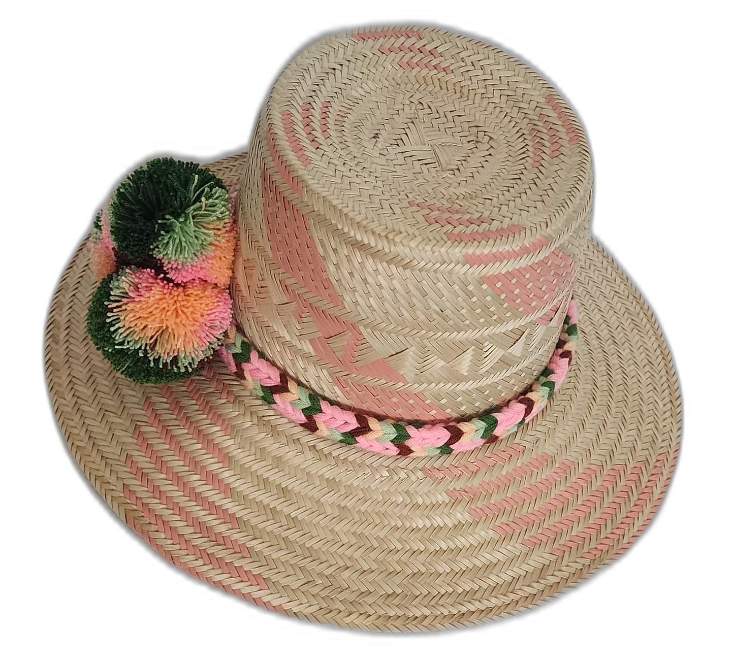 Artisan-crafted Boho straw hat with green and orange pompoms, braided band, and pink accents.

