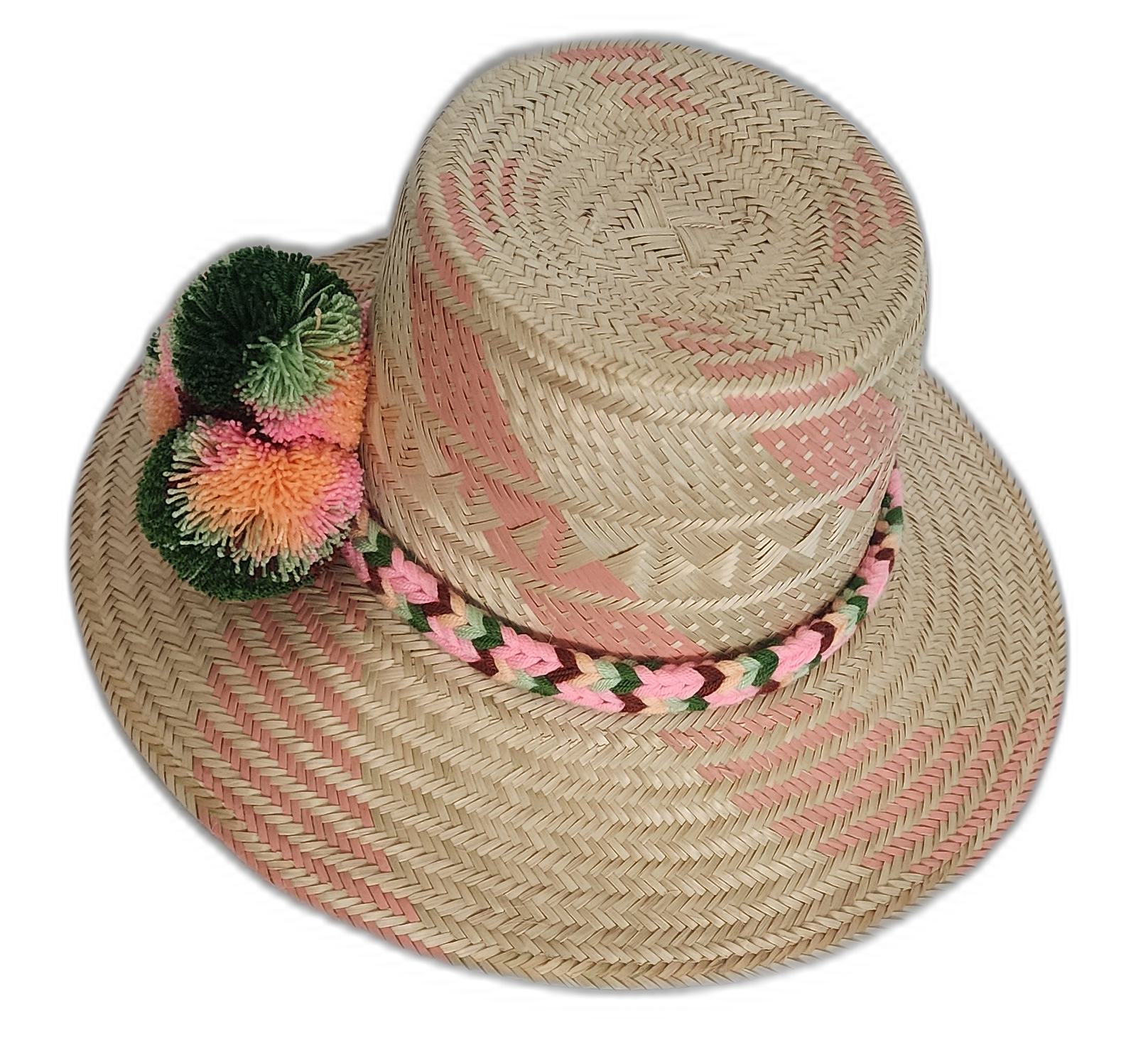 Artisan-crafted Boho straw hat with green and orange pompoms, braided band, and pink accents.

