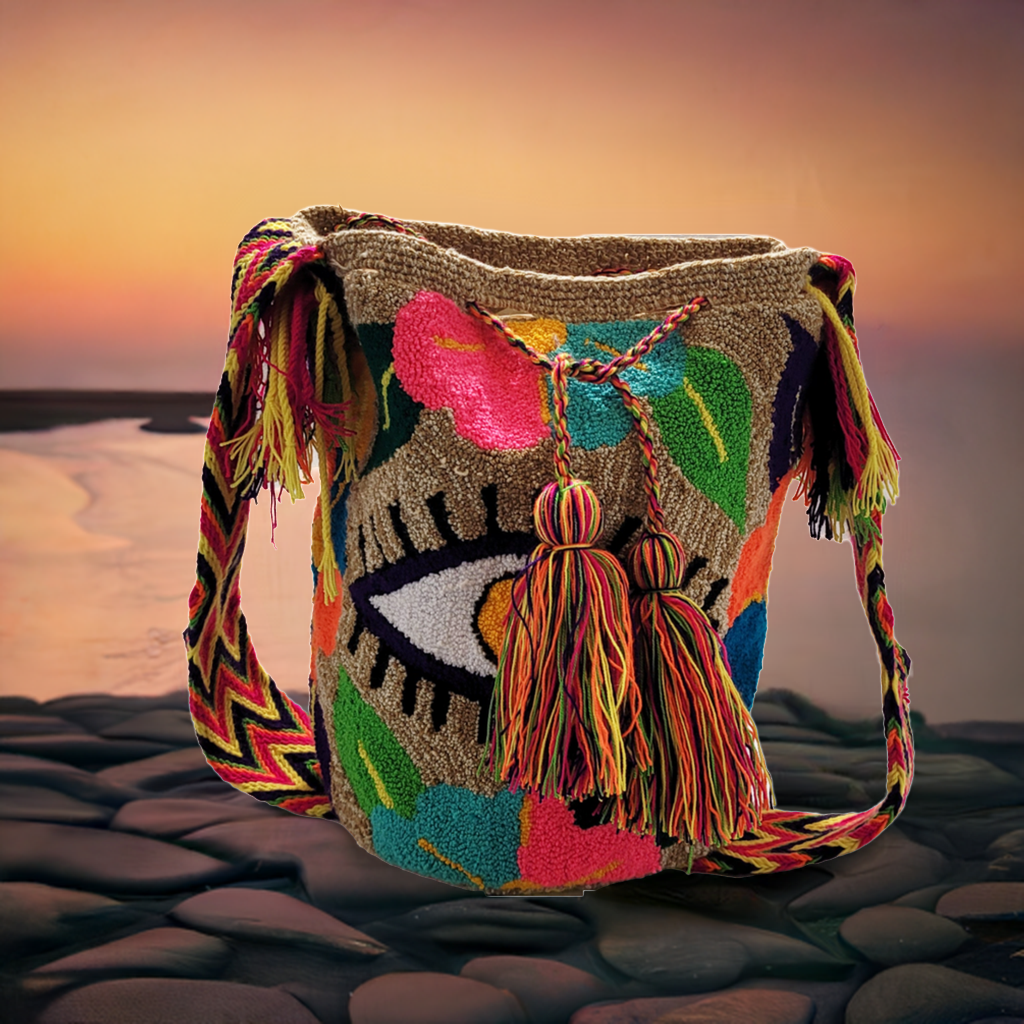 Handmade crochet Wayuu tote bag in pink and beige with boho-chick design