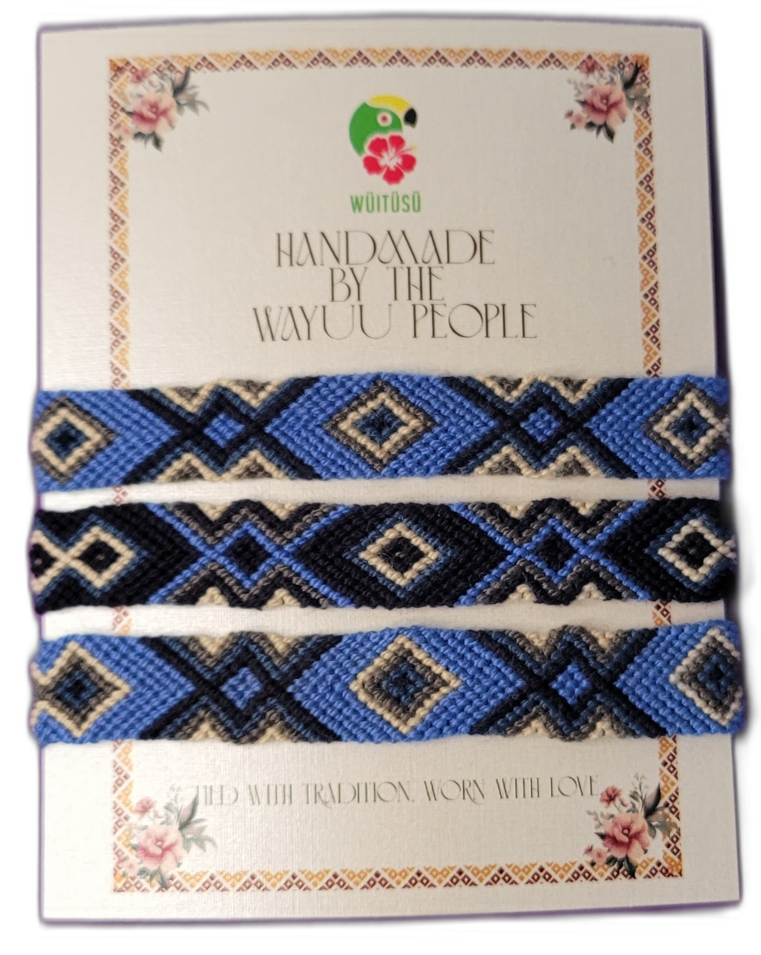1 Handmade Wayuu friendship bracelets in blue, black, and cream tones.
