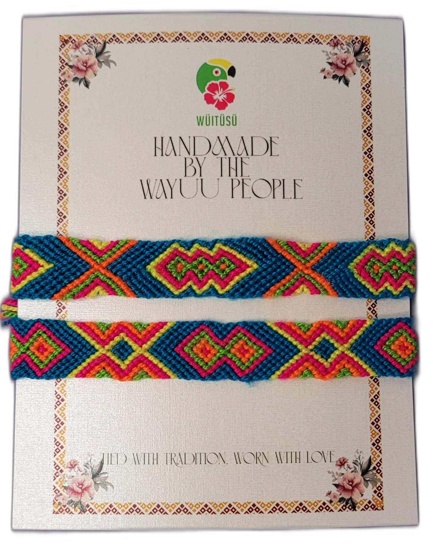 Handmade Wayuu friendship bracelets in bright blue with multicolor patterns.

