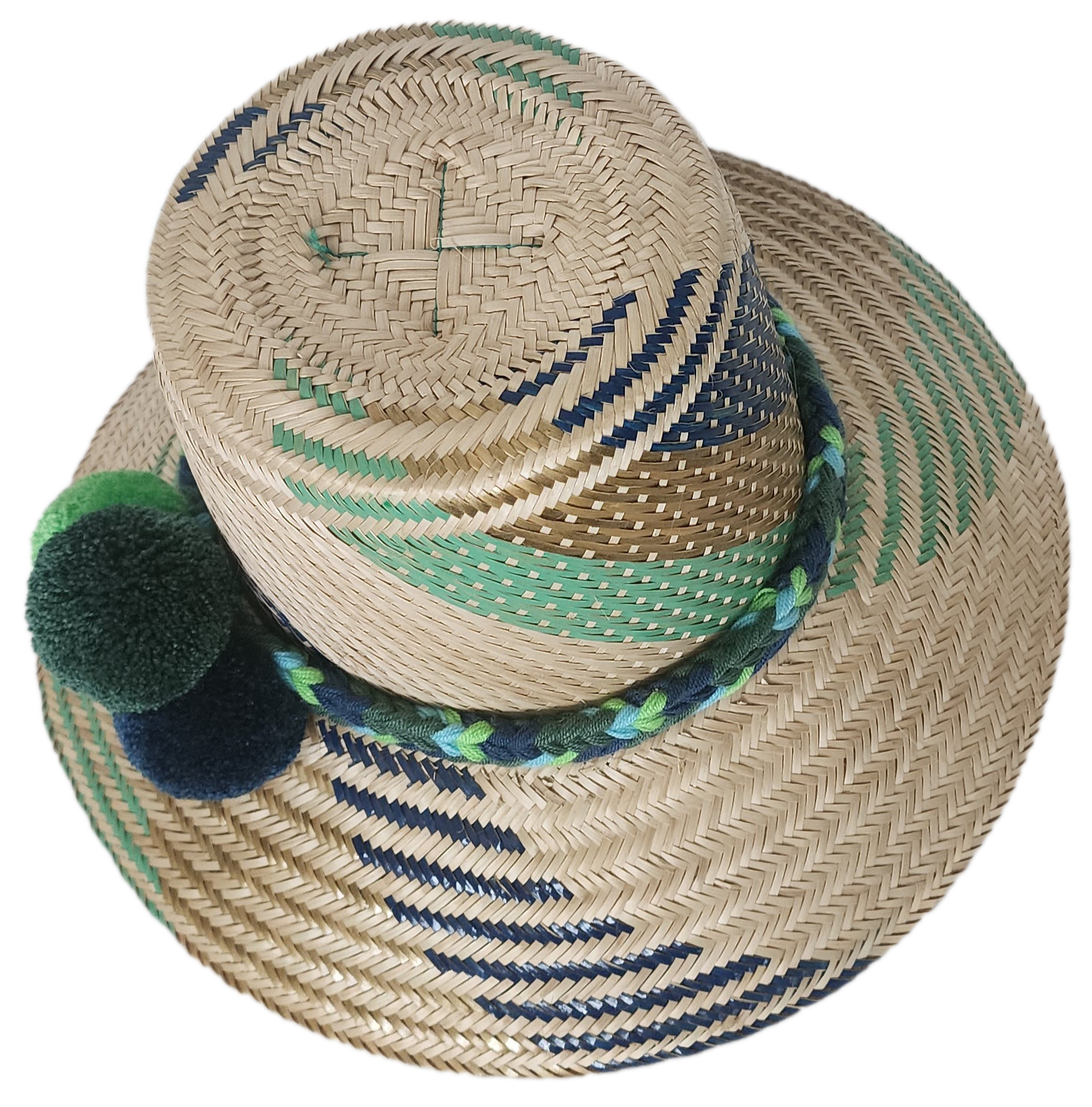 Boho hat handcrafted by Wayuu artisans from Iraca palm.
