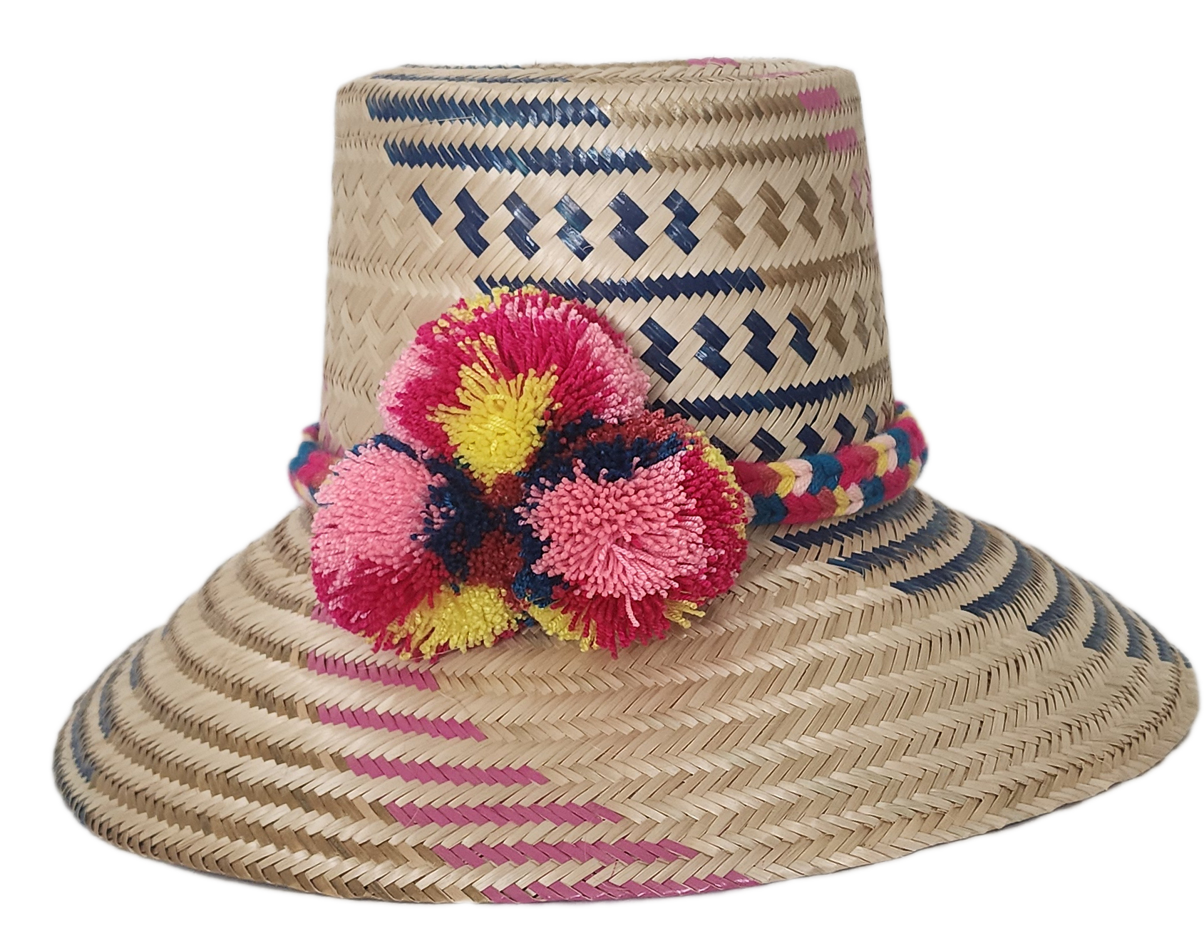 Designer straw hat handcrafted by Wayuu artisans from Iraca palm.
