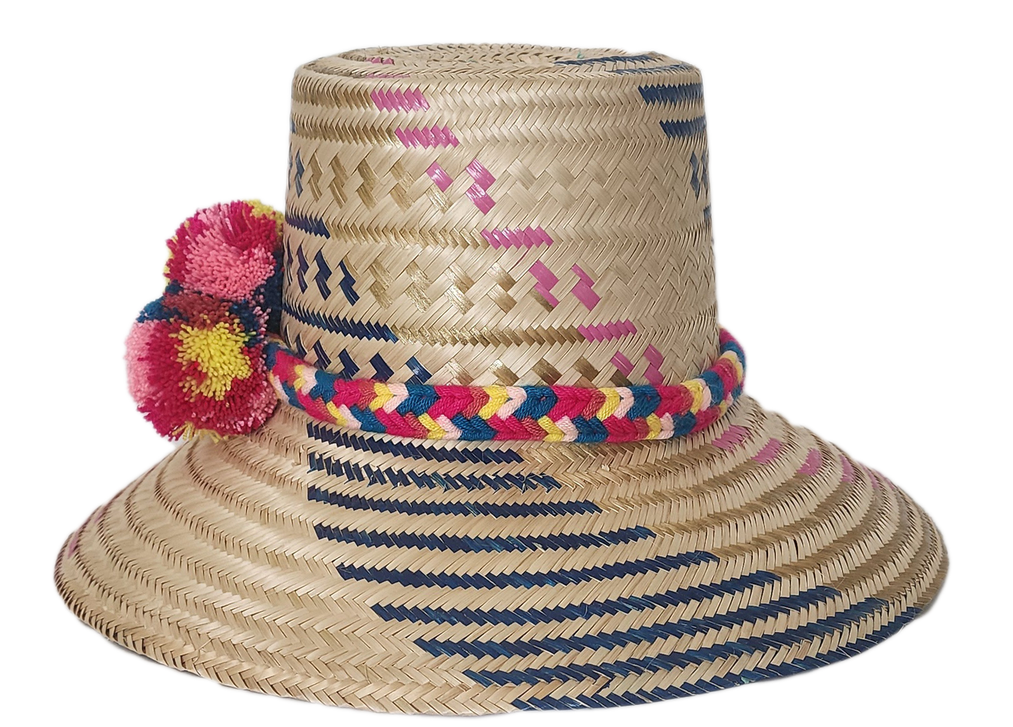Designer straw hat handcrafted by Wayuu artisans from Iraca palm.
