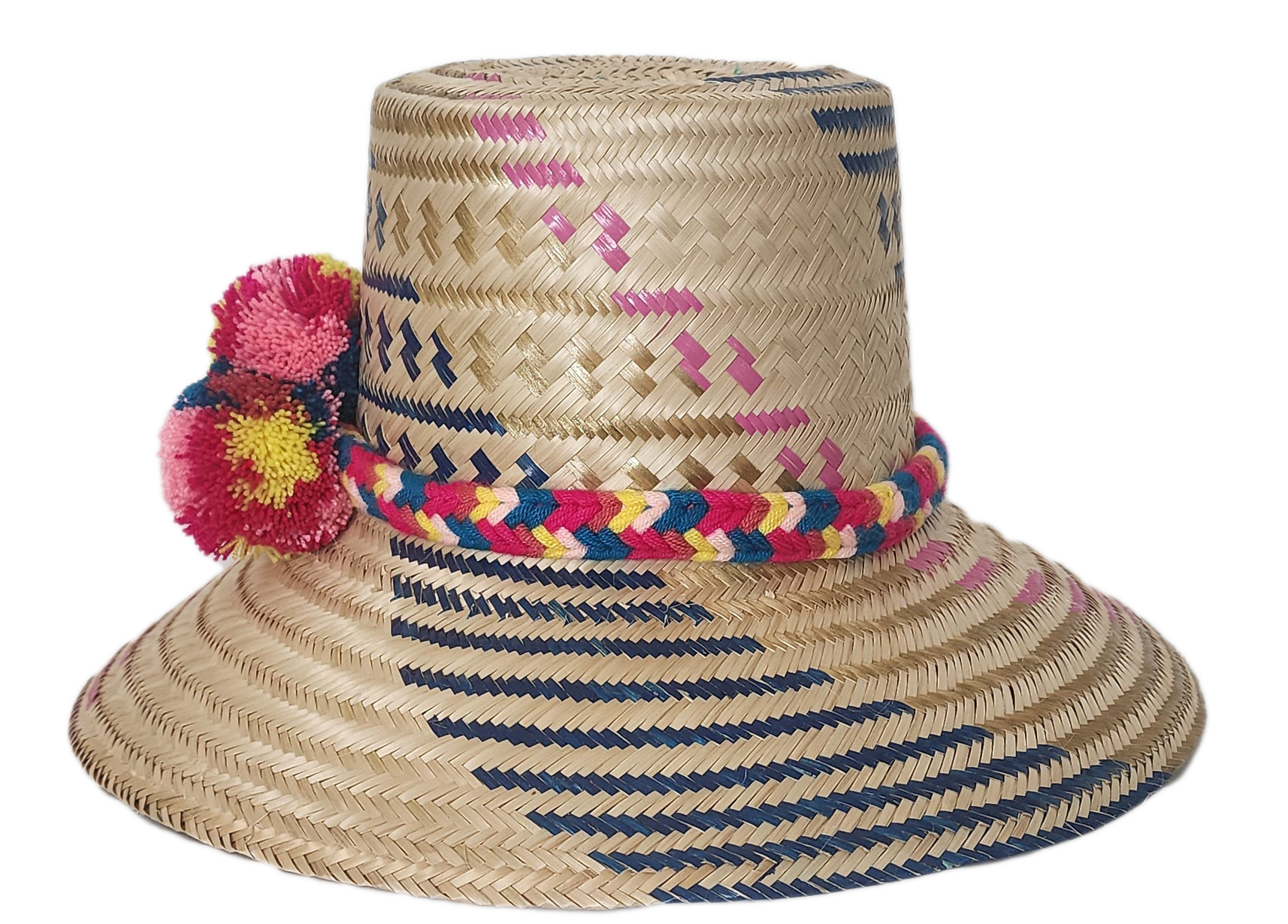 Designer straw hat handcrafted by Wayuu artisans from Iraca palm.
