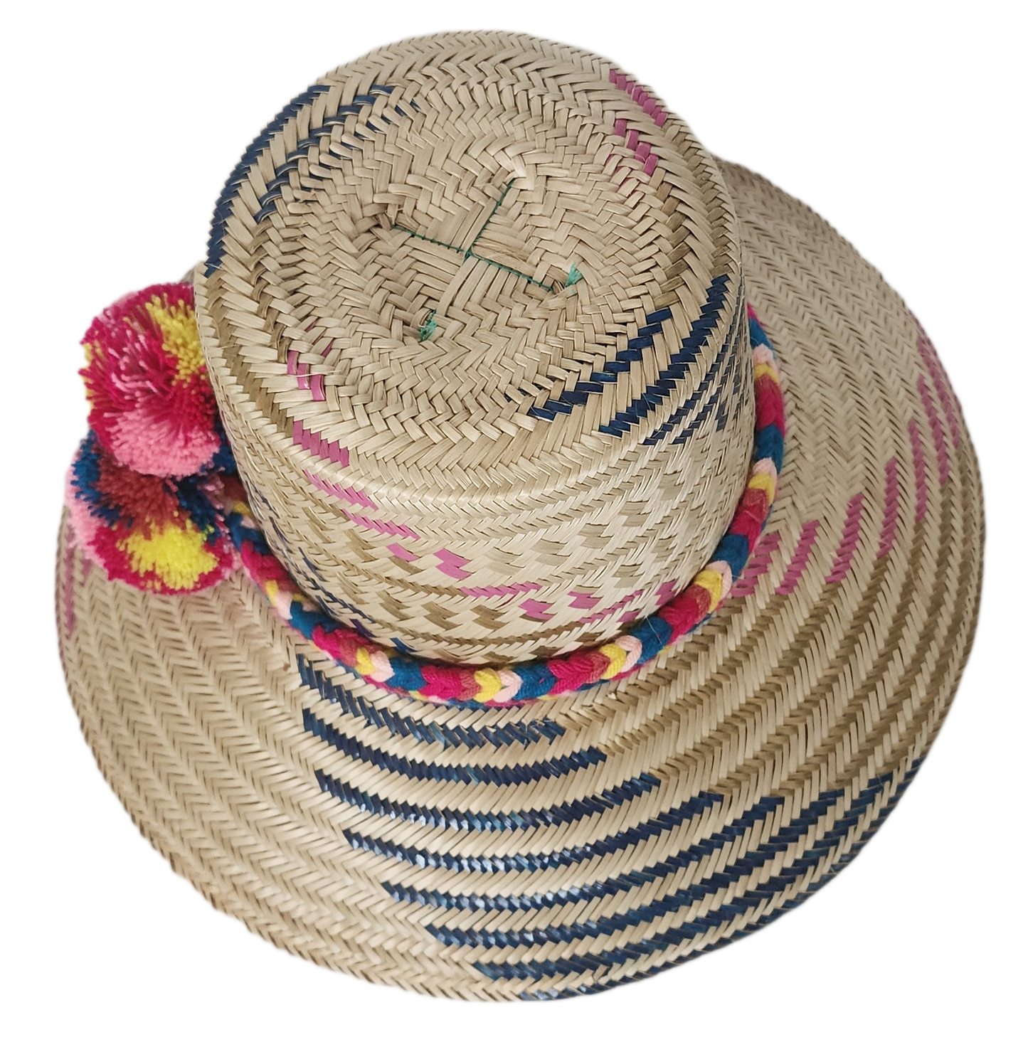 Designer straw hat handcrafted by Wayuu artisans from Iraca palm.
