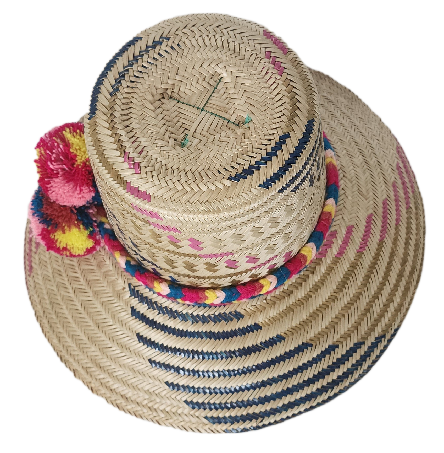 Designer straw hat handcrafted by Wayuu artisans from Iraca palm.
