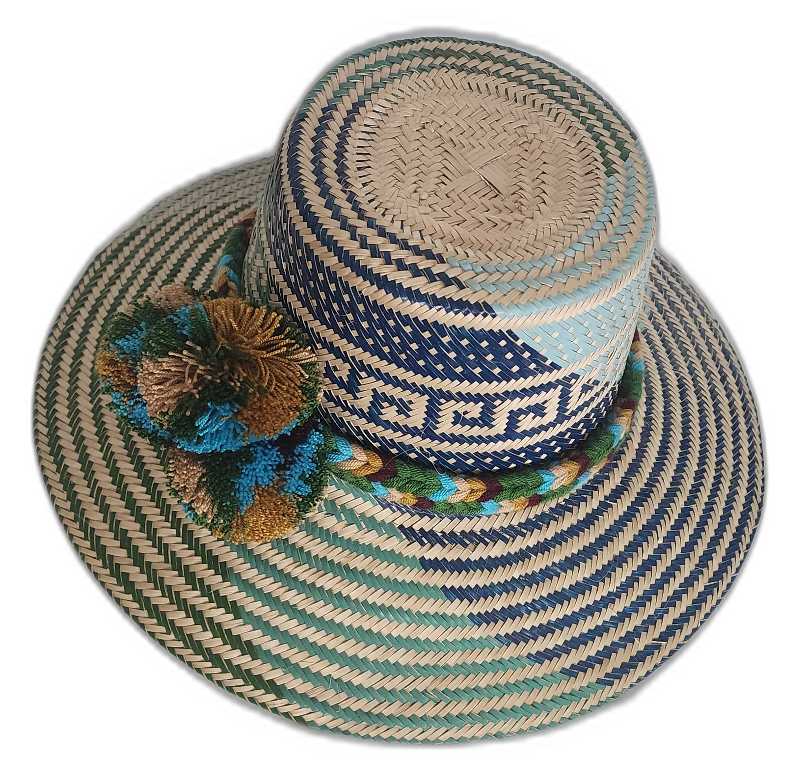 Boho Chick Wayuu Hat with handmade pompoms and traditional palm fiber construction