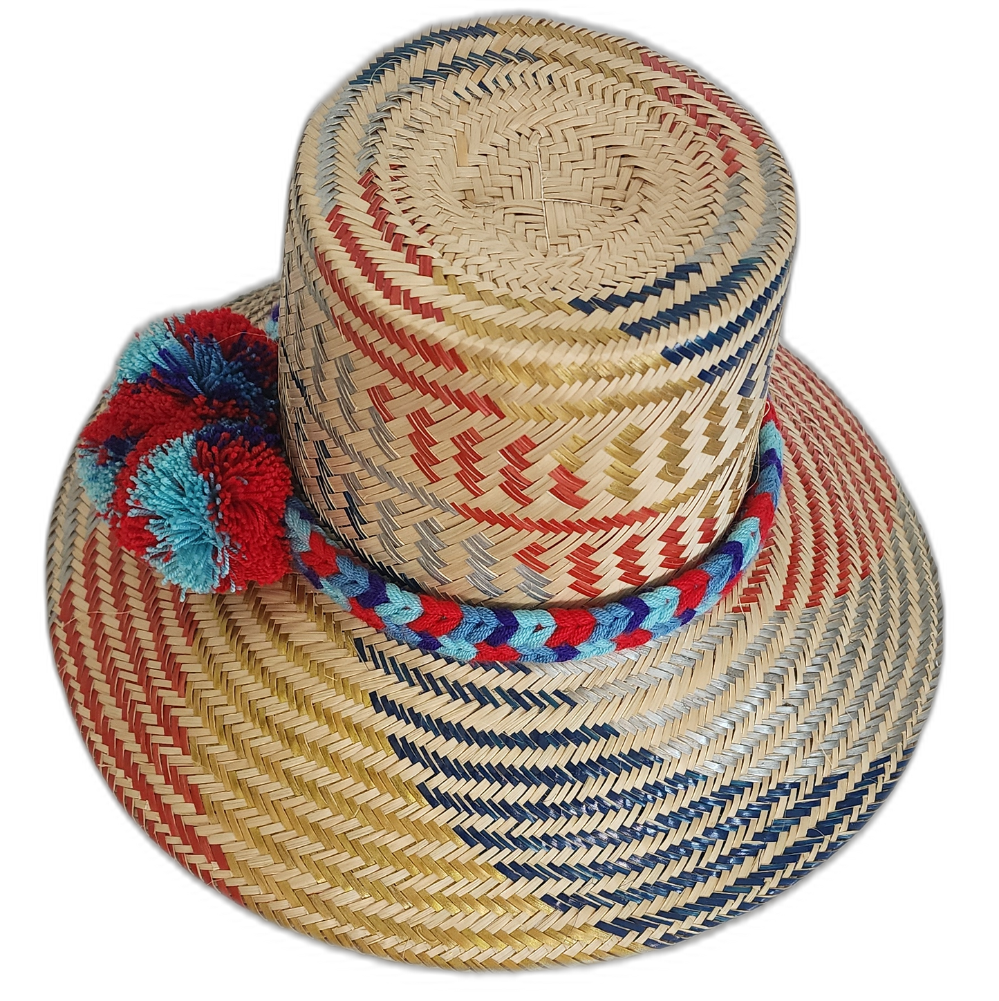 Artisan straw hat featuring bold primary weave and braided color band