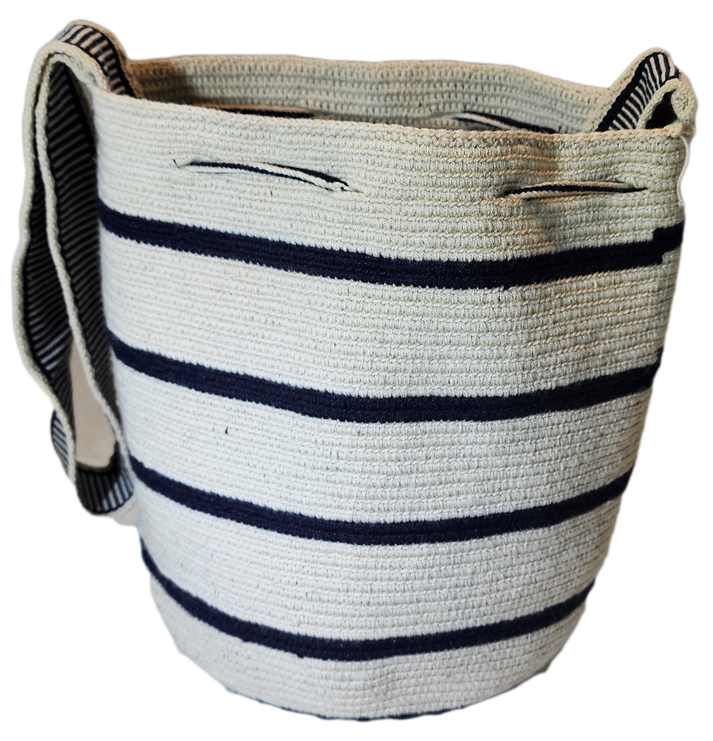 Coastal Wayuu bag with crochet body, navy detailing, and artisan craftsmanship.