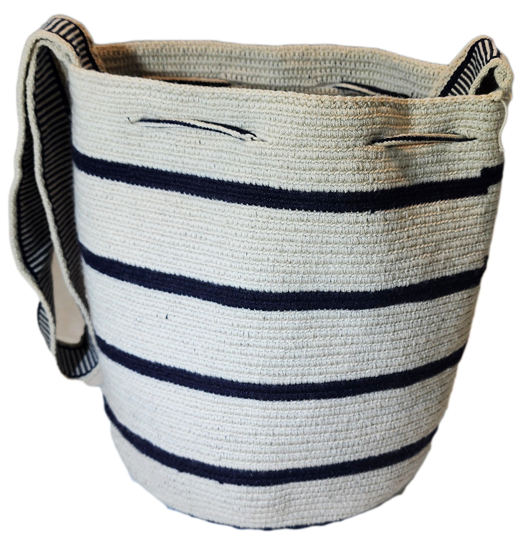 Bottom view Coastal Wayuu bag with crochet body, navy detailing, and artisan craftsmanship.