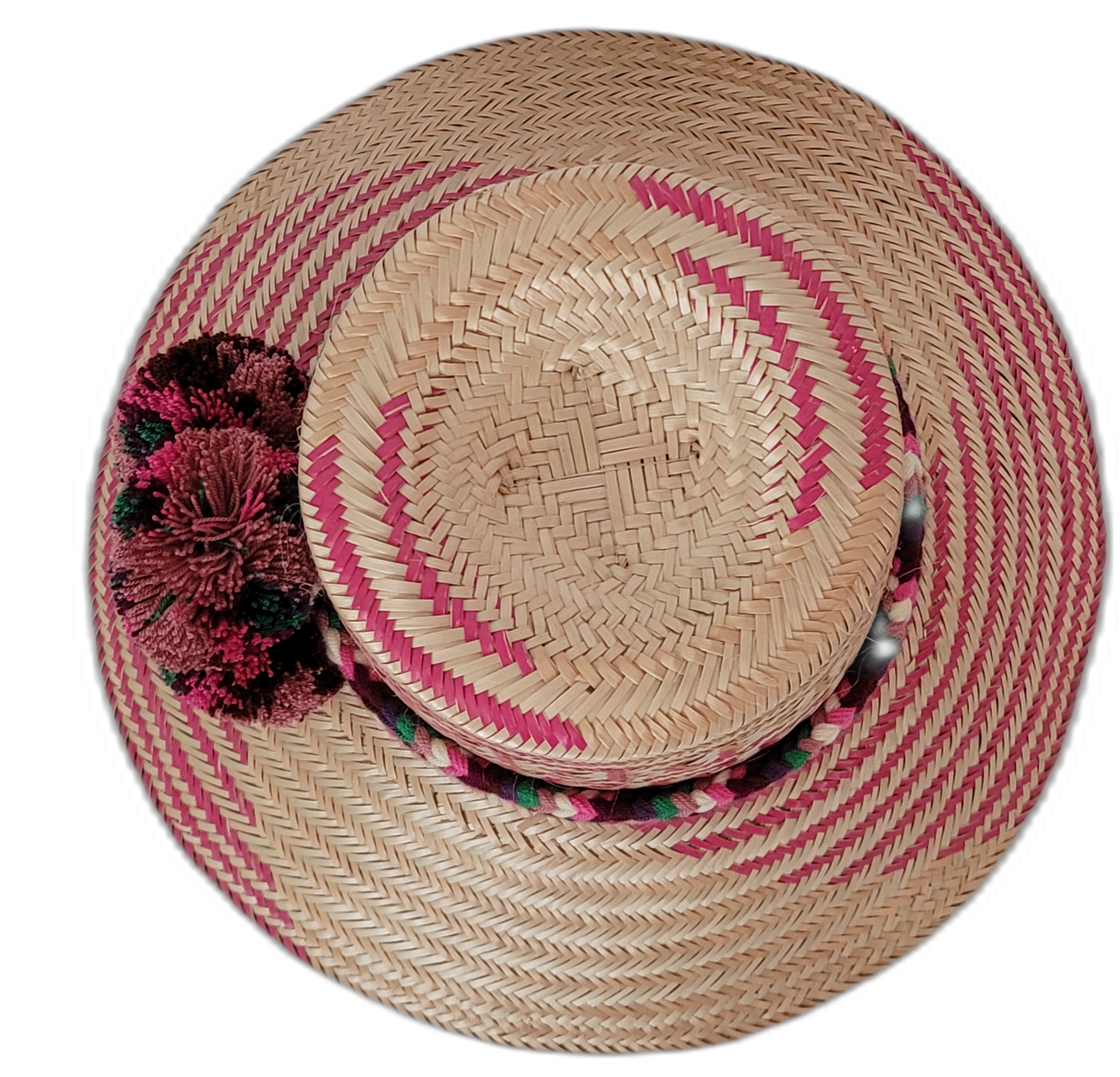Bohemian Wayuu hat with traditional weave pattern and cultural pompom detail

