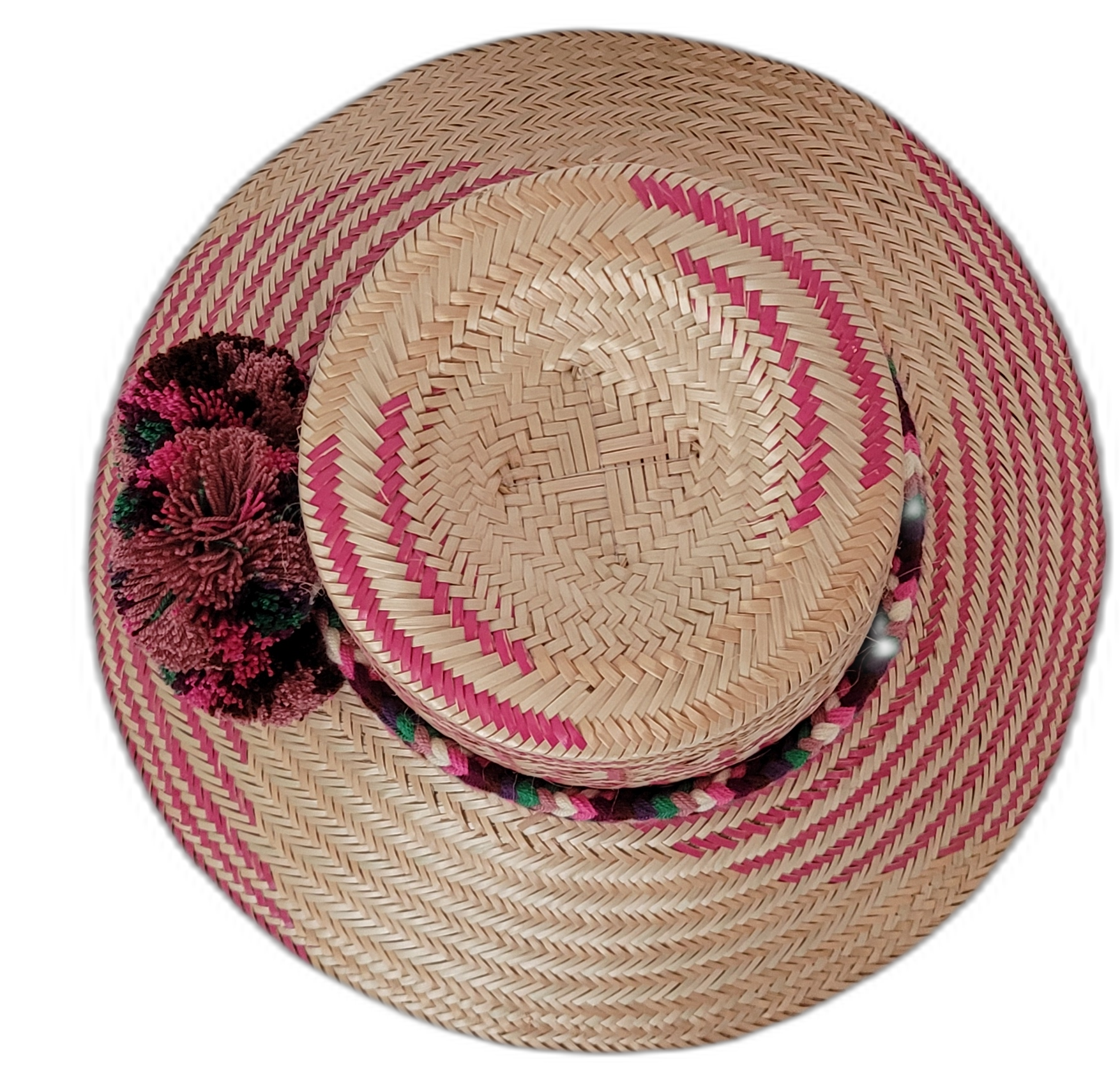 Bohemian Wayuu hat with traditional weave pattern and cultural pompom detail

