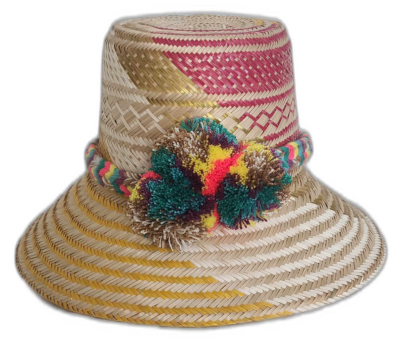 Handmade Boho Straw Hat with yellow brim, fuchsia weave, and colorful pompoms