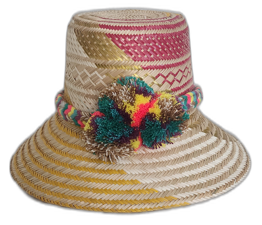 Handmade Boho Straw Hat with yellow brim, fuchsia weave, and colorful pompoms