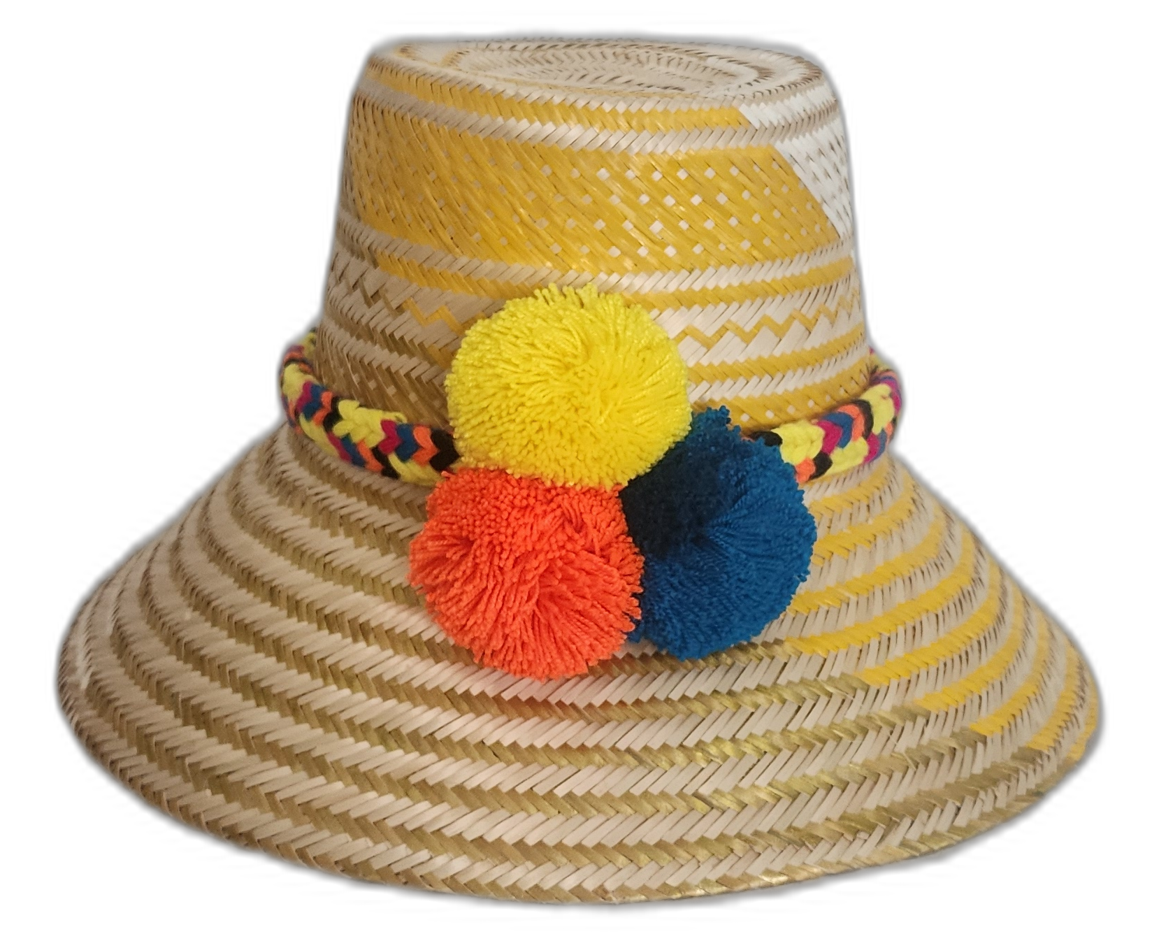 Handmade Wayuu straw hat with yellow stripes and yellow, blue, and orange pompoms.Bohemian straw sun hat handcrafted by Wayuu artisans in yellow tones

