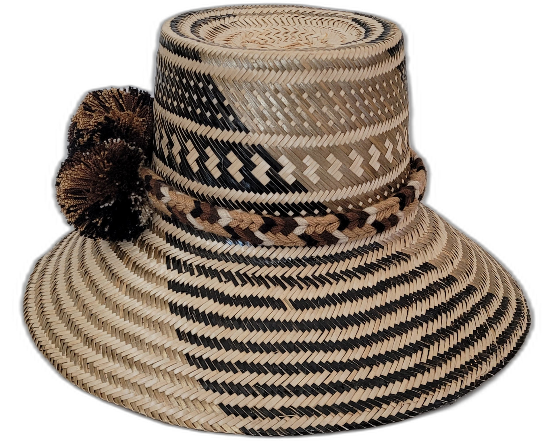 Boho straw hat Zuri with natural, black, and brown palm fiber and cultural pompoms


