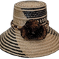 Zuri handmade Wayuu straw hat with black and brown weave and earth-toned pompoms


